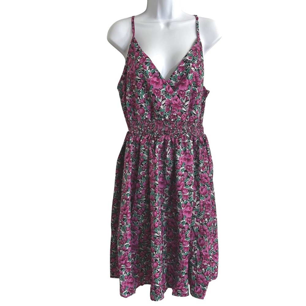 Fashion Floral Mini Slip Dress Smocked Waist Pink Green XL Sun Summer Romantic